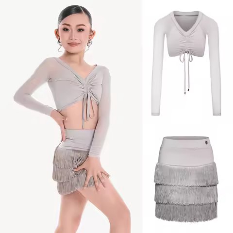 2026 New Girls Latin Dance Costume Children'S Ballroom Dance Clothes Kids Drawstring Latin Top Tasse