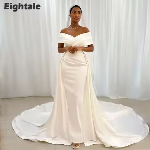 Eightale Arabic Wedding Dress Off the Shoulder Satin Mermaid Arabic Bridal Gown with Detachabale Ski