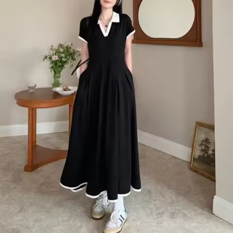 Casual Matching Dress Vintage Hepburn Dress Plus Size Office Lady's Elegant Black Dress Short Sleeve
