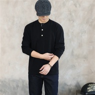 Heavy American Retro Henry Shirt Long-Sleeved Men's Open Collar t-Shirt Autumn Ami Khaki Henry Colla