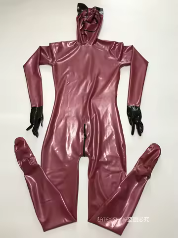 Metallic Rose Red Latex Fetish Full Body Catsuit with Cat Ear Hood Gloves Socks