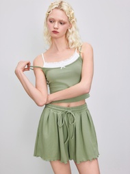 Cider Square Neck Two Tone Bowknot Solid Crop Cami Top &amp; Mid Rise Lettuce Trim Shorts