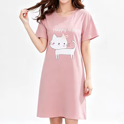 Cute Cat Women's Nightgowns Fashion Night Wear Summer Nightdress Cartoon Femme Sleepwear Plus Size P