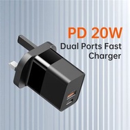PD 20W 快速充電適配器 USB+Type-C 雙口壁式充電器  PD 20W Fast Charging Adapter USB+Type-C Dual Port Wall Charger