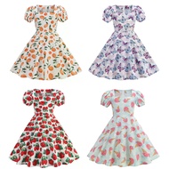 Kids Girls Vintage Dress Puff-sleeve Butterfly Flower Fruit Daily Birthday Tea Party Dress 1950s 40s