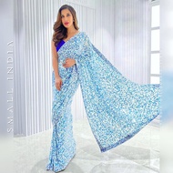 {**ส่งฟรี**} SMALL INDIA 🥻 Presenting Party Wear Saree ชุดสาหรี 🥻 Women Sequence Blue Saree