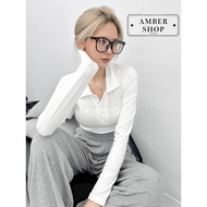 Time Travel Versatile Button Shape Thin Long-Sleeved Bottoming Top [Amber.shop]