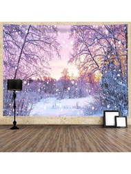 1片桃紅色天鵝絨背景布與印有雪山和大自然圖案的掛毯,裝飾臥室的織品藝術,ins風格