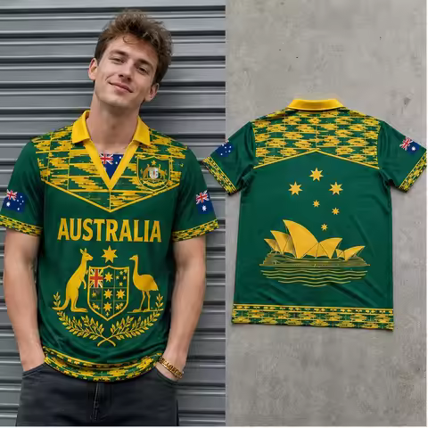 Mens Australia Ornate Kangaroo Emu Crest Semi Polo V Neck T Shirt Short Sleeve Casual Streetwear Top
