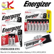 ENERGIZER MAX AA 1.5V ALKALINE DOUBLE A BATTERY BATTERIES 2 PCS (E91BP2) / 4PCS (E91BP4) / 8PCS (E91