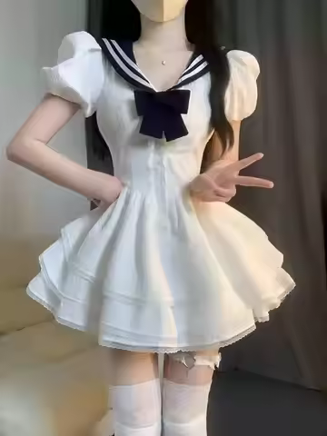 CGC Preppy Style Lolita White Dresses Navy Collar Kawaii Summer Japanese White Dresses Casual Short 