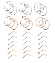 MILACOLATO 36-84Pcs Nose Rings for Women 22G 20G 18G 316L Stainless Steel Nose Rings Hoops L Shape N