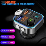 24HOME Car Bluetooth 5.0 FM Transmitter One Key Bass Mp3 Player Large Microphone USB Music Play USB 
