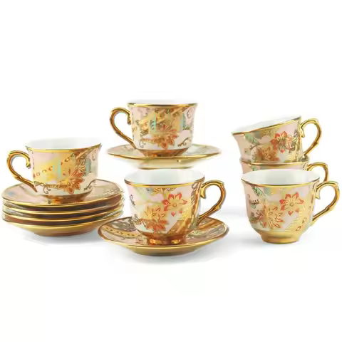 Cups With Saucers Set Of 6, Porcelain Vintage Floral Design For Espresso, Mocha, Cappuccino, 3.4oz 1