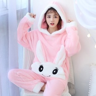 2024 New Plush Pajamas Set for Women Thick Hooded Women 2 Piece Clothes Set Cute Rabbit Women Pyjama