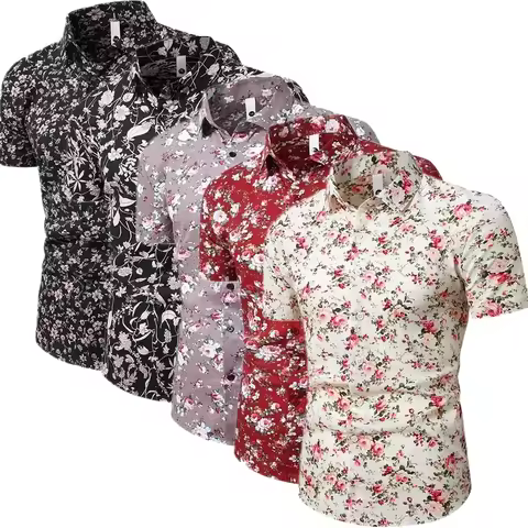 White Men's Short-sleeved Floral Cotton Shirt for Summer, Hawaiian/beach/vacation Shirts, Asian Size