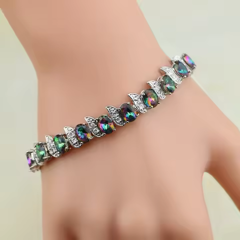 Rainbow Mystic Cubic Zirconia White Crystal Silver Color Jewelry Charm Bracelet For Women