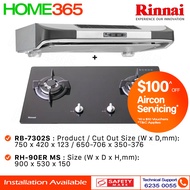 Rinnai Slimline Hood 90cm RH-90ER MS &amp; Built-In Hob RB-7302S-GBS - LPG / PUB