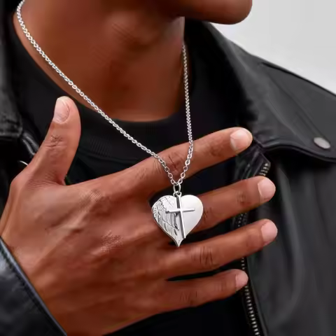 Stainless Steel Heart-Shaped Wing Necklace for Men,Rock Punk Silver Color Cross Charms Pendant,Relig