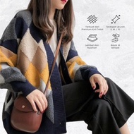 Dambi Women's Oversized Knit Cardigan Premium Korean Style Argyle Motif Cardigan -najahstore_officia