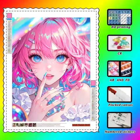 Wowo Art, a pink cartoon girl wearing a crystal diamond ring. 100% resin diamonds, high-end plush fa