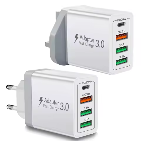40W PD20W+QC3.0 Fast Charging Block, EU UK Plug 4-Port USB C Wall Charger Adapter Mobile Phone Charg