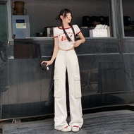 MNVZ American High Street สีขาว ชุดทํางานขากว้าง กางเกงยีนส์ ผู้หญิง New Street High เอว หลากหลาย ตร