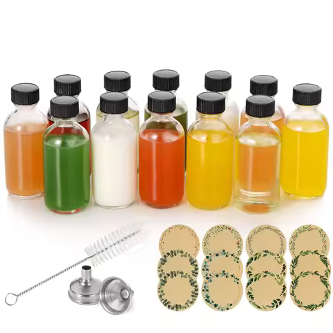 2oz Small Glass Bottles with Lids & Brush, 60ml Mini Boston Round Sample Bottle for Juice Ginger Sho