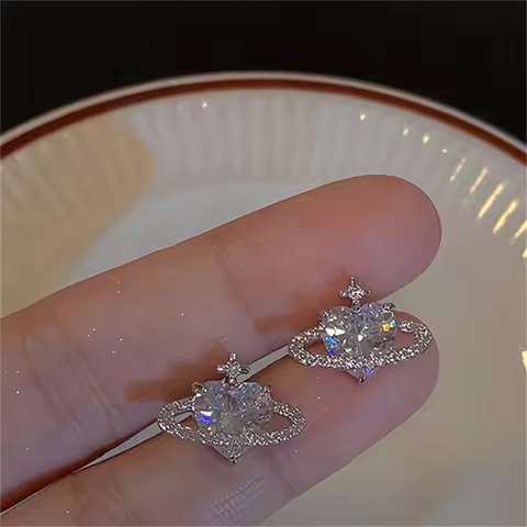 Korea Simple Sweet Cool Wind Planet Love Heart Zircon Stud Earrings 2023 Young Luxury Earings Women 
