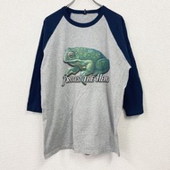 古著M&O 重磅七分袖插肩袖 T 卹，COLD WEAR 青蛙圖案，大理石灰，XL 碼