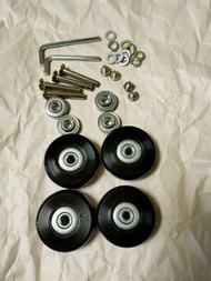 DIY fix your own luggage wheels. set of FOUR  18mm wide, 50mm wheel diameter, 6mm axle diameter, metal ball bearing kit, covers, axles, screws, extra spacers. This kit is enough to refurbish up to 4 broken wheels American Tourister Delsey Samsonite more