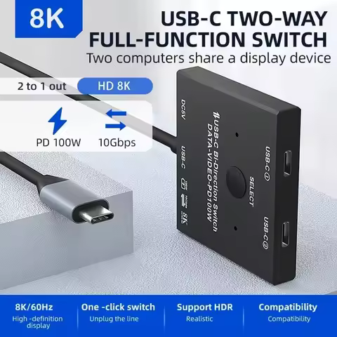 Bi-directional 8K USB C KVM Switch USB3.1 Type-C Splitter Cable for Video 8K@30Hz 4K@120Hz PD 100w 1