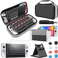 Accessories Bundle Compatible with Nintendo Switch OLED, Carrying Case with Shoulder Strap for Switch OLED and Tempered Glass Screen Protector, Protective Cover Case, Kickstand &amp;Thumb Grip Caps- Black