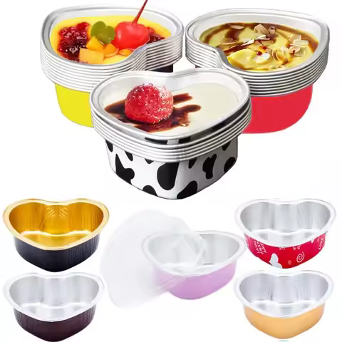 50Pcs Aluminum Foil Baking Cup 100ml Heart Shape Cupcake Cup With Lid Disposable Muffin Liners Cake