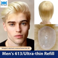 TSE Mens Wig 613 # Block PU Biological Scalp Replacement Patch Real Hair Forehead Hairline Light Gol
