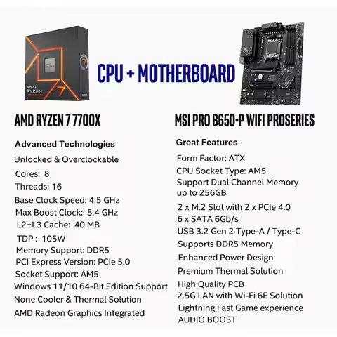 MSI PRO B650-P WiFi Motherboard with AMD Ryzen 7 7700X 6-Core Desktop Processor (AMD AM5, ATX, DDR5,