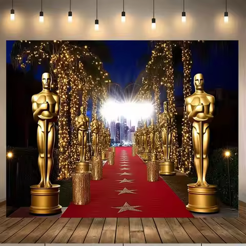 A party banner with a golden Oscar trophy, suitable as a background decoration and photo prop. Made 