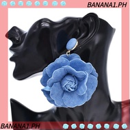 BANANA Denim Blue Fabric Earrings, Denims Exaggerate Blue Rose Earrings, Handmade Ornament Flower Ea