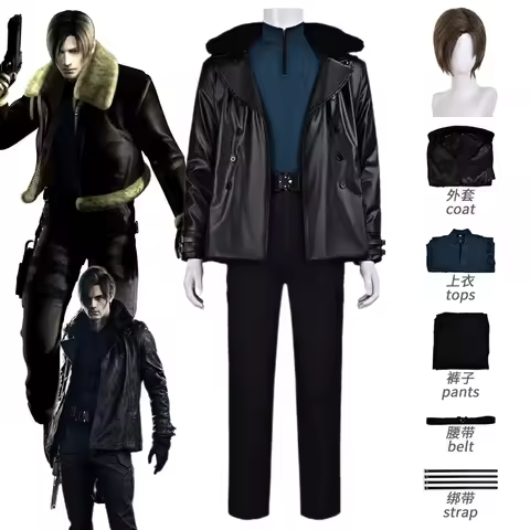 Game Evil Leon S Kennedy Cosplay Costume Movie Leon PU Coat Gloves Full Set Resident 9 Suit Uniform 