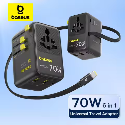 Baseus GaN Charger Universal Travel Adapter Built in 70W Retractable Cable 2AC 2 USB-A Type-C Fast C