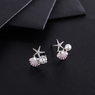 S999 sterling silver starfish shell earrings, minimalist style women's natural pearl studded diamond