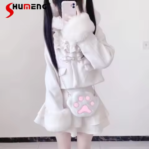 Japanese Rojita Daily Wear Y2k Sweet Bow Hooded Coat Heart Leather Button Short Thickened Woolen Jac