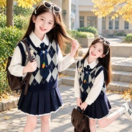 Girls Argyle Vest Shirt Pleated Skirt Set Kids Preppy Style Party Casual Outfit
