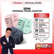 VIVAN VPS-T003A Universal Travel Power Adapter 20W 3 Port USB-C USB-A