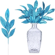 1/5Pcs Blue Christmas Glitter Leaves Spray Artificial Blue Bay Leaf Picks Sprays Giltter Stems for C