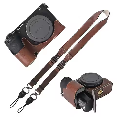 Litchi PU Leather Camera Half Case for Sony A6700 A6400 A6300 A6100 A6000 ZVE10 ZVE10II ZVE10M2 Bott