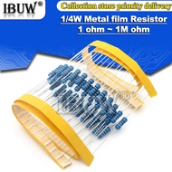 100PCS/lot 1/4W Metal film resistor 1R~22M 1% 100R 220R 1K 1.5K 2.2K  4.7K 10K 22K 47K 100K 100 220 