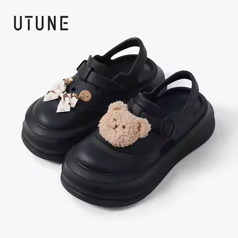 UTUNE 6.5cm Height Summer women Sandal Flat Clogs with Cute Cat Fishing Shoe Charms EVA Soft & Comfo