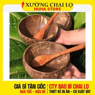 Combo Coconut Shell Bowl 13–15cm + Coconut Wooden Spoon | Natural Powder, Cereal, Healthy Food