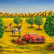 Pomegranate Season, original oil painting, oil on canvas, Mercedes SL300, fruits
